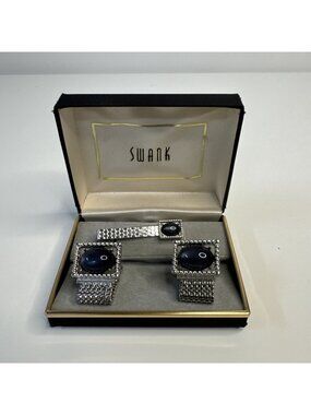 Vintage Swank Blue/Grey Stone Mesh Wrap Cufflinks & Tie Clip Original Box